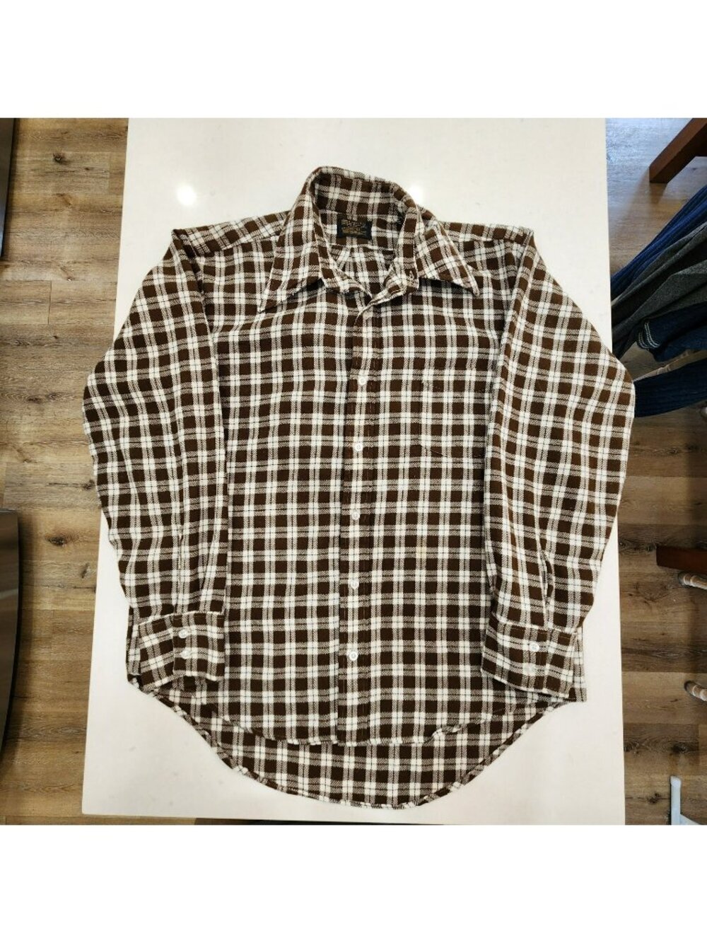 Vintage Sears Flannel Shirt Men Large Brown Plaid Perma-Prest Button USA 70s